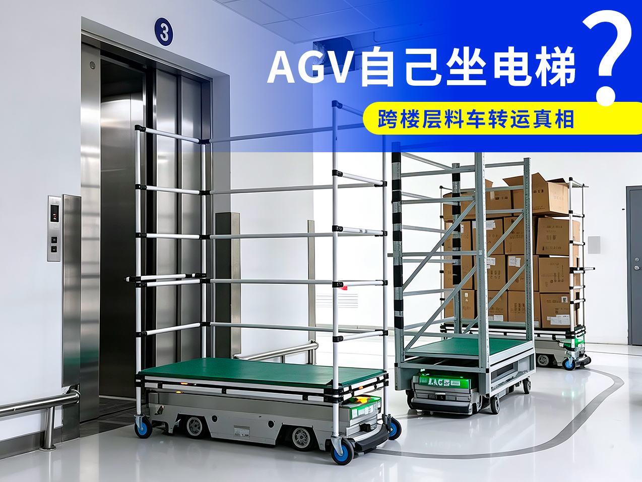 牵引式 AGV 跨楼层料车转运：AGV 自己坐电梯上楼送货